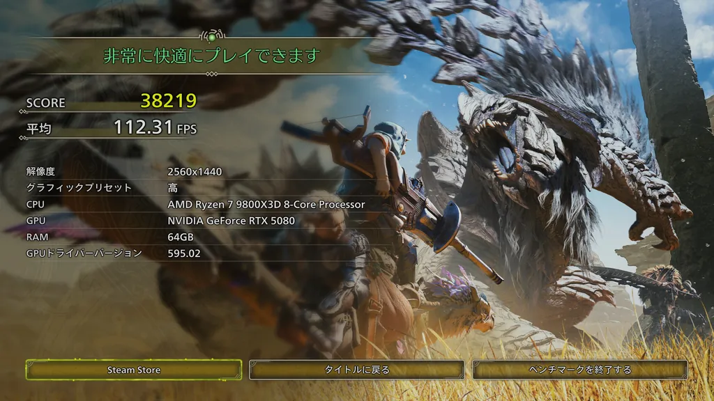 RTX 5080でのMHWildsベンチマークの結果